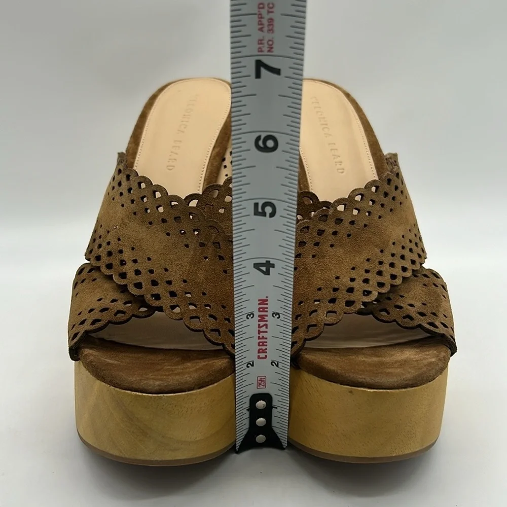 Veronica Beard Gaynor Platform Mules Women’s 9 Brown Suede Laser Cut Wooden Heel